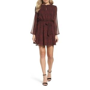 BB Dakota Branton Dress Fit And Flare Bell Sleeve Floral, Red/Burgundy, Size S